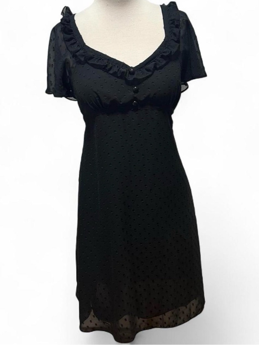 Black Ruffle V-Neck Swiss Dot Dress